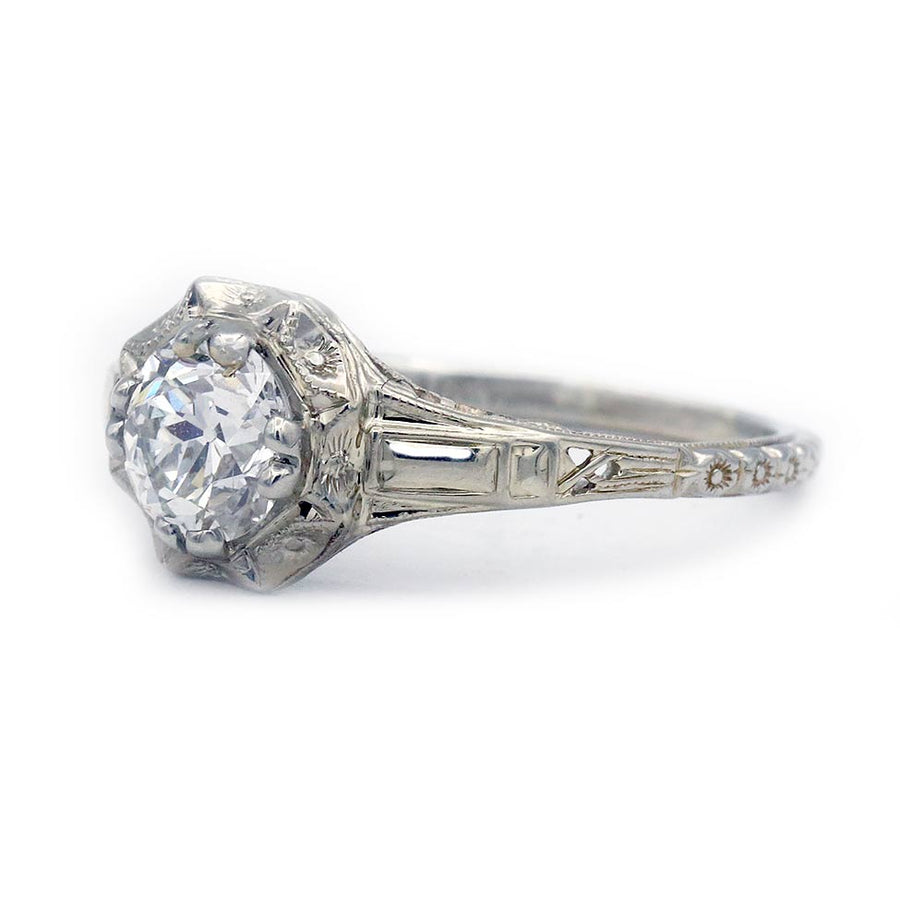 Antique .89 Ct GIA Old European Cut Diamond - 18k White Gold Art Deco Ring