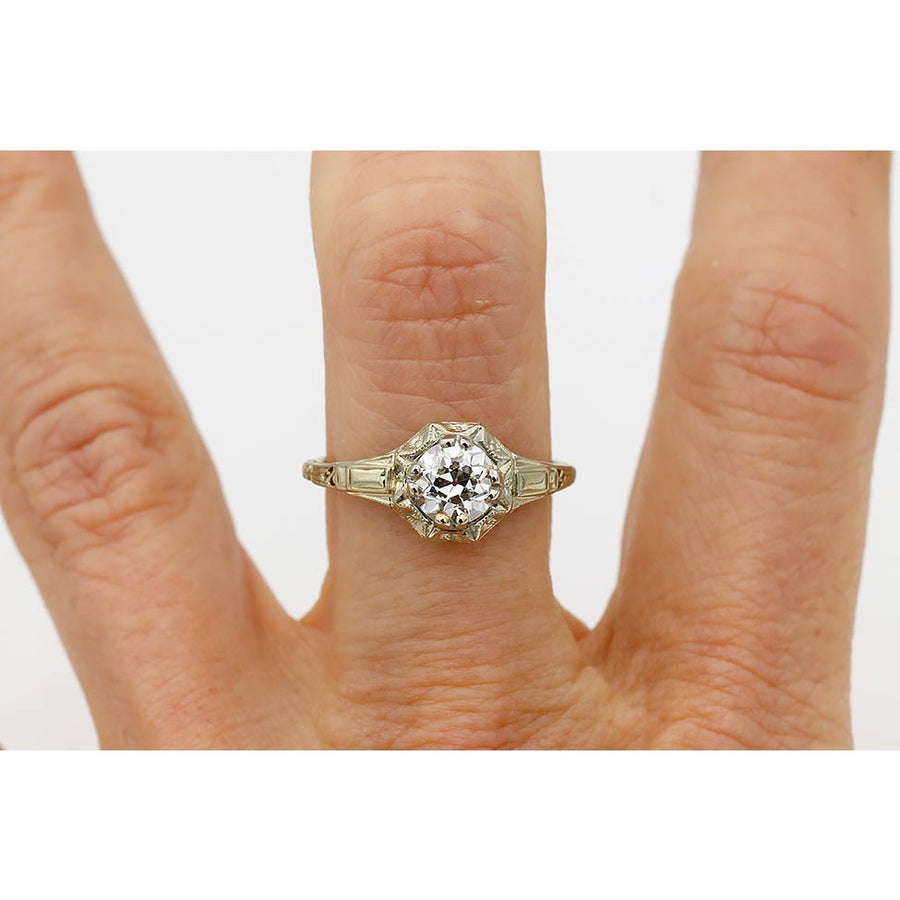 Antique .89 Ct GIA Old European Cut Diamond - 18k White Gold Art Deco Ring