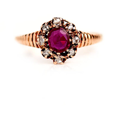 Antique .81 CTW Burma Ruby & Rose Cut Diamond Halo Vintage Engagement Ring