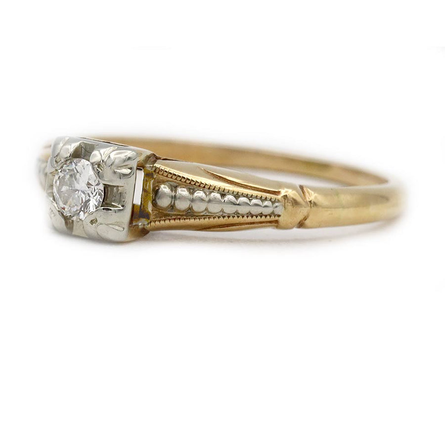 Mid-Century .15 Ct Transitional Cut Diamond Vintage Engagement Ring | Two-Tone Gold