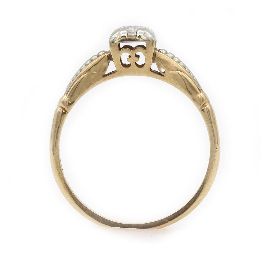 Mid-Century .15 Ct Transitional Cut Diamond Vintage Engagement Ring | Two-Tone Gold