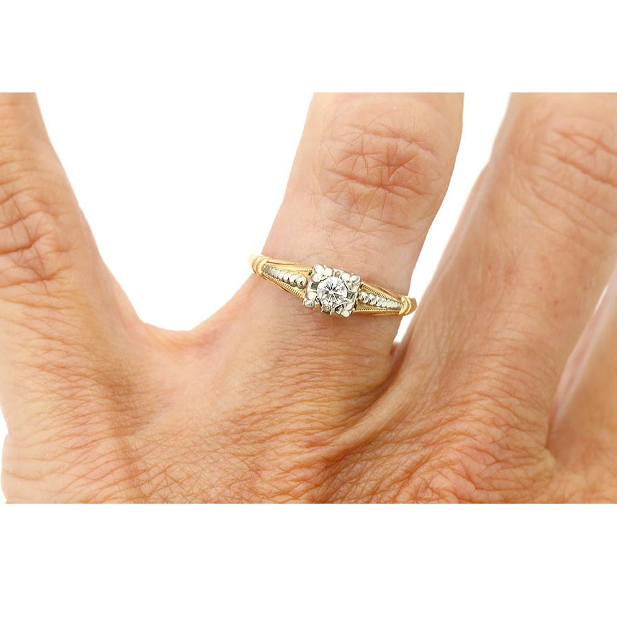 Mid-Century .15 Ct Transitional Cut Diamond Vintage Engagement Ring | Two-Tone Gold