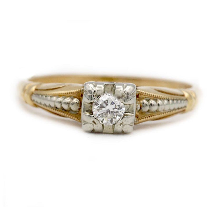 Mid-Century .15 Ct Transitional Cut Diamond Vintage Engagement Ring | Two-Tone Gold
