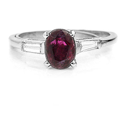 Vintage 1.44 CTW Ruby Baguette Diamond Platinum Gemstone Engagement Ring