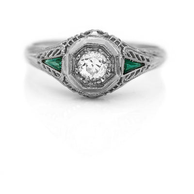 Art Deco .40 CTW Antique Diamond Emerald Engagement Ring