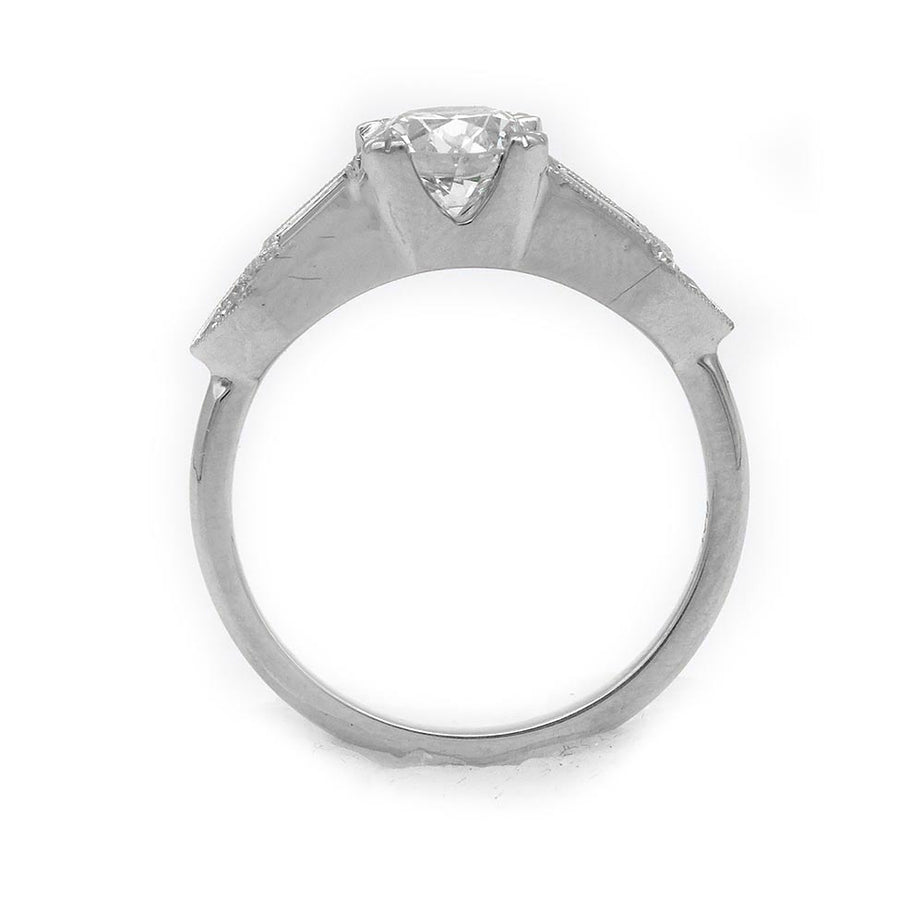 Art Deco style engagement ring 1.06 CTW GIA certified old European cut diamond I SI1 with baguette accents in recycled platinum gallery view
