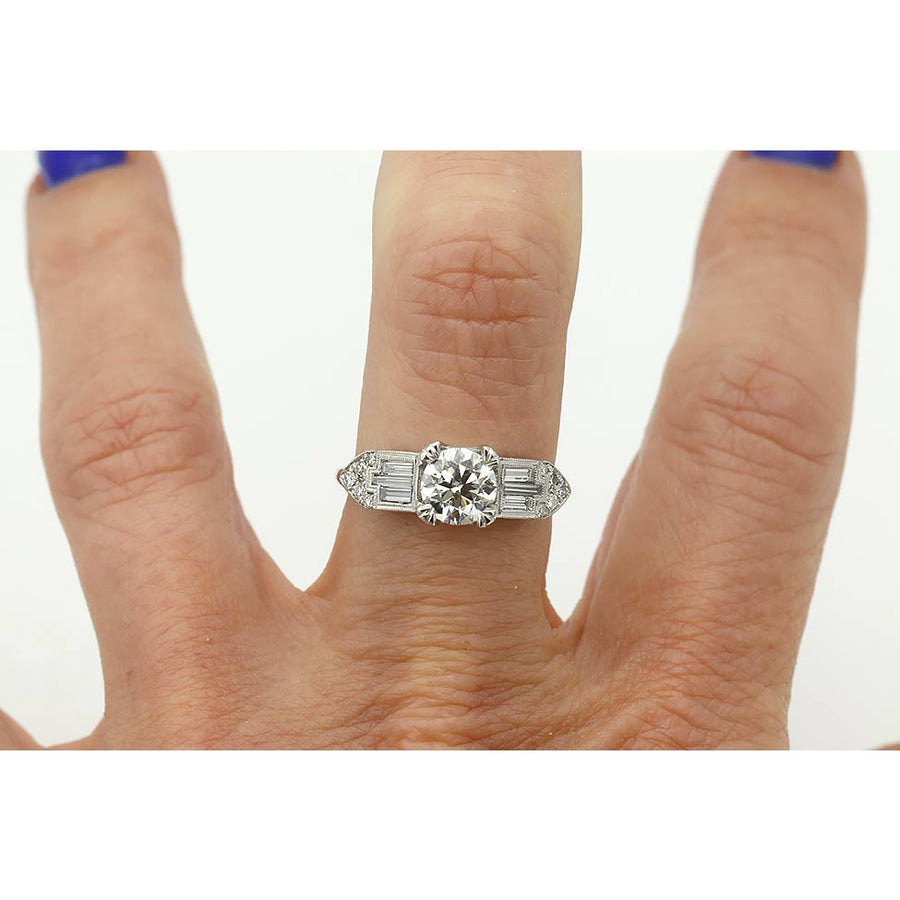 Art Deco Style 1.06 CTW Old European Cut Diamond & Baguette Engagement Ring GIA I/SI1 on hand