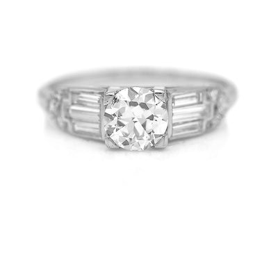 Art Deco Style 1.06 CTW Old European Cut and Baguette Diamond Vintage Engagement Ring GIA I/SI1