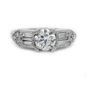 Art Deco Style 1.06 CTW Old European Cut Diamond & Baguette Engagement Ring GIA I/SI1
