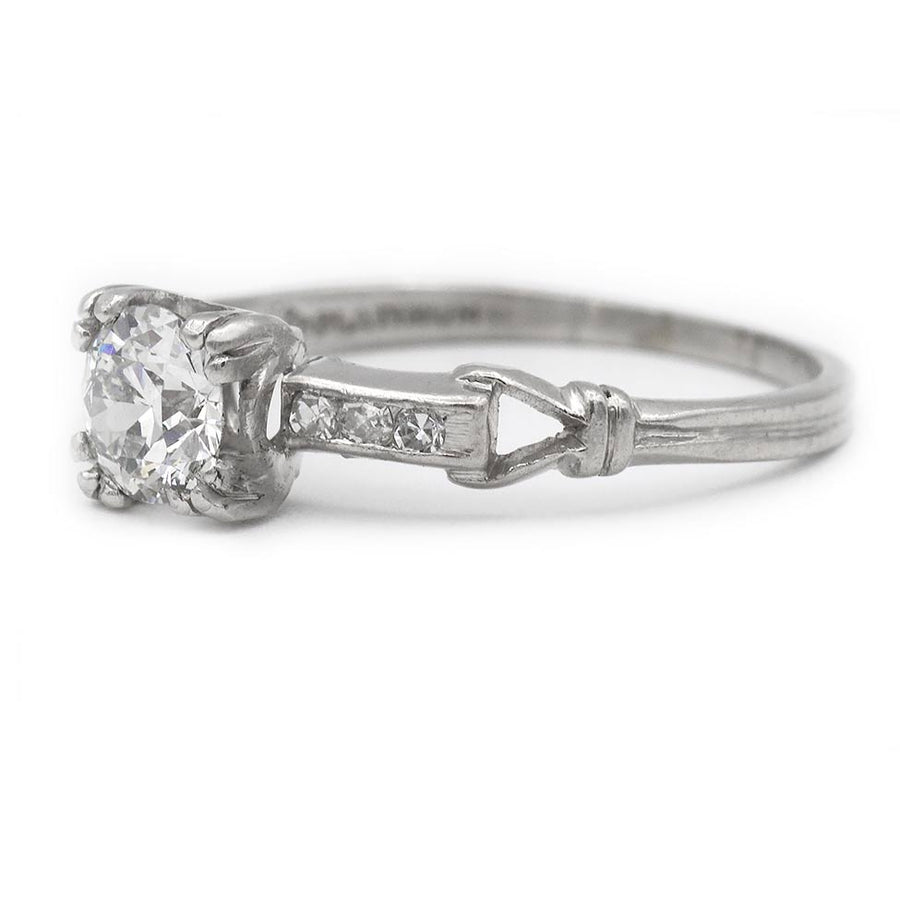 Art Deco .77 CTW Old European Cut Vintage Diamond Ring with Side Stones GIA J/VS2