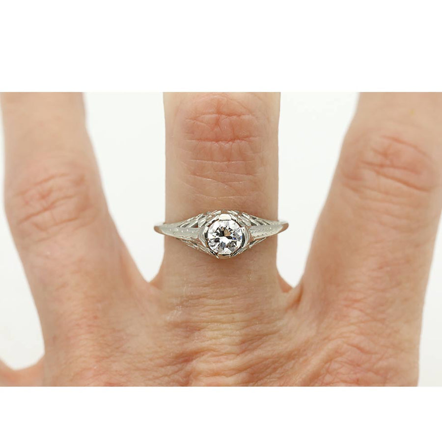 Art Deco .50 CTW Old European Cut Diamond Floral Belais 18K White Gold Vintage Engagement Ring – GIA F/SI2