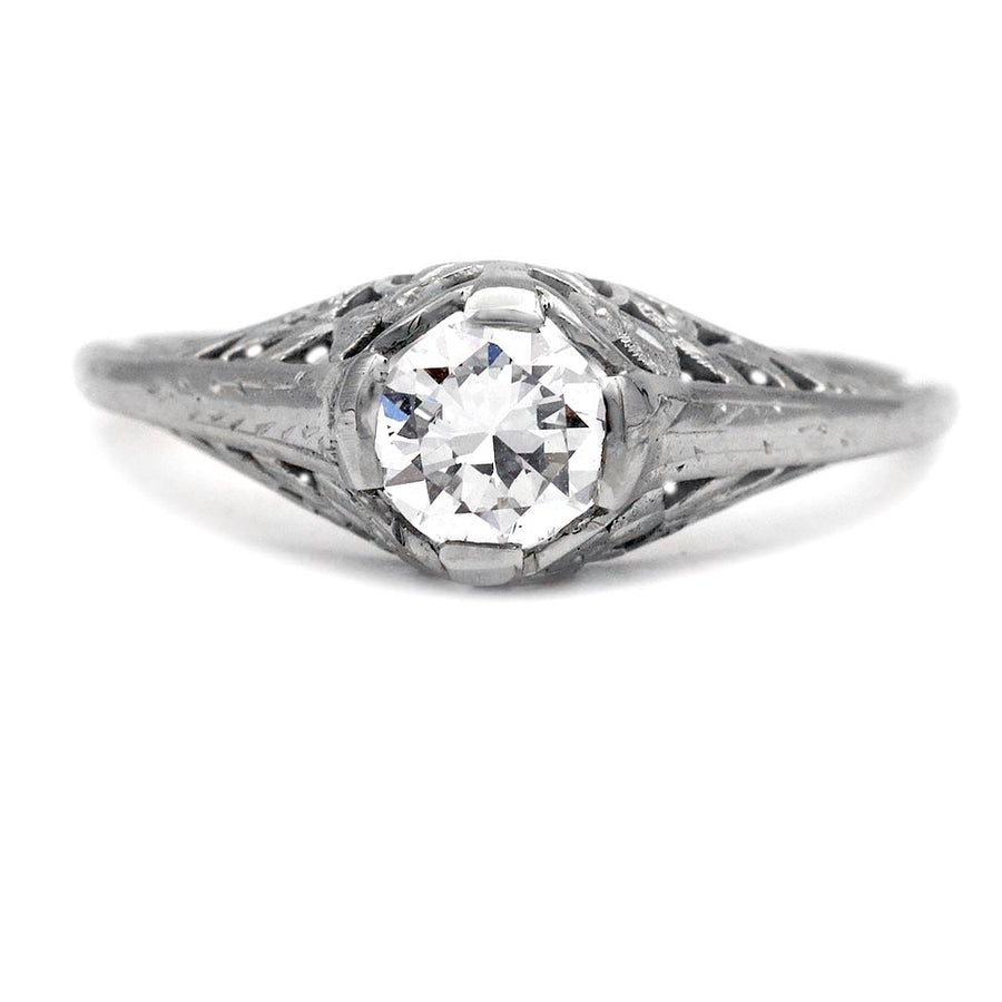 Art Deco .50 CTW Old European Cut Diamond Floral Belais 18K White Gold Vintage Engagement Ring – GIA F/SI2