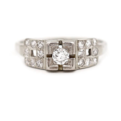 Art Deco .36 CTW Old European Cut Diamond 18 Kt White Gold Vintage Engagement Ring with Side Tiered Stones