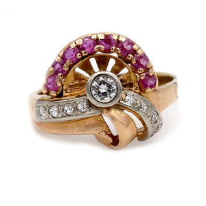 Retro 1.15 CTW Ruby & Diamond Half Asymmetrical Antique Engagement Ring - Vintage Diamond Ring