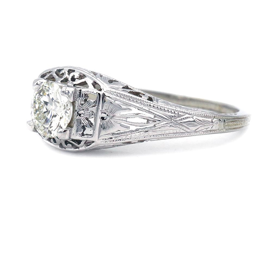 Art Deco .55 Ct Old European Cut Diamond Engagement Ring in 18K White Gold | Signed Barth