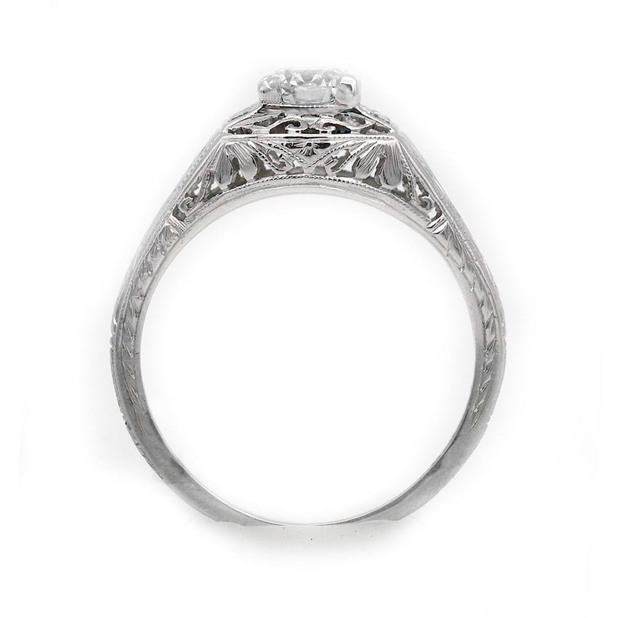 Art Deco .55 Ct Old European Cut Diamond Engagement Ring in 18K White Gold | Signed Barth