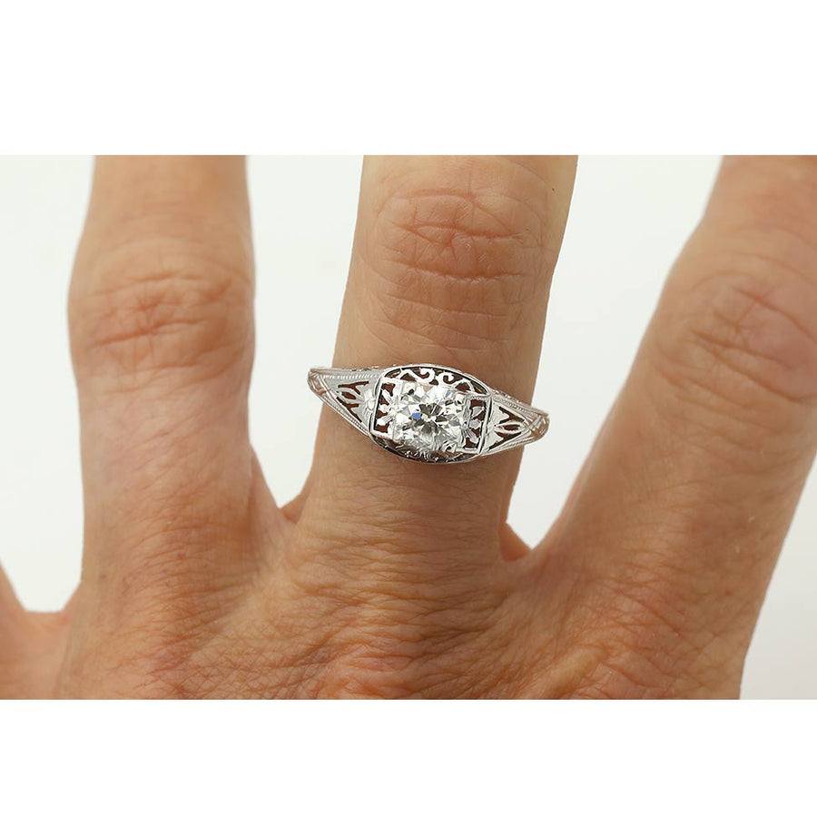 Art Deco .55 Ct Old European Cut Diamond Engagement Ring in 18K White Gold | Signed Barth