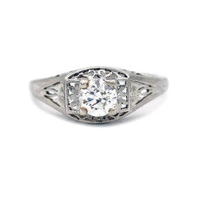 Art Deco .55 CTW Old European Cut Diamond 18 Kt White Gold Vintage Engagement Ring Signed 