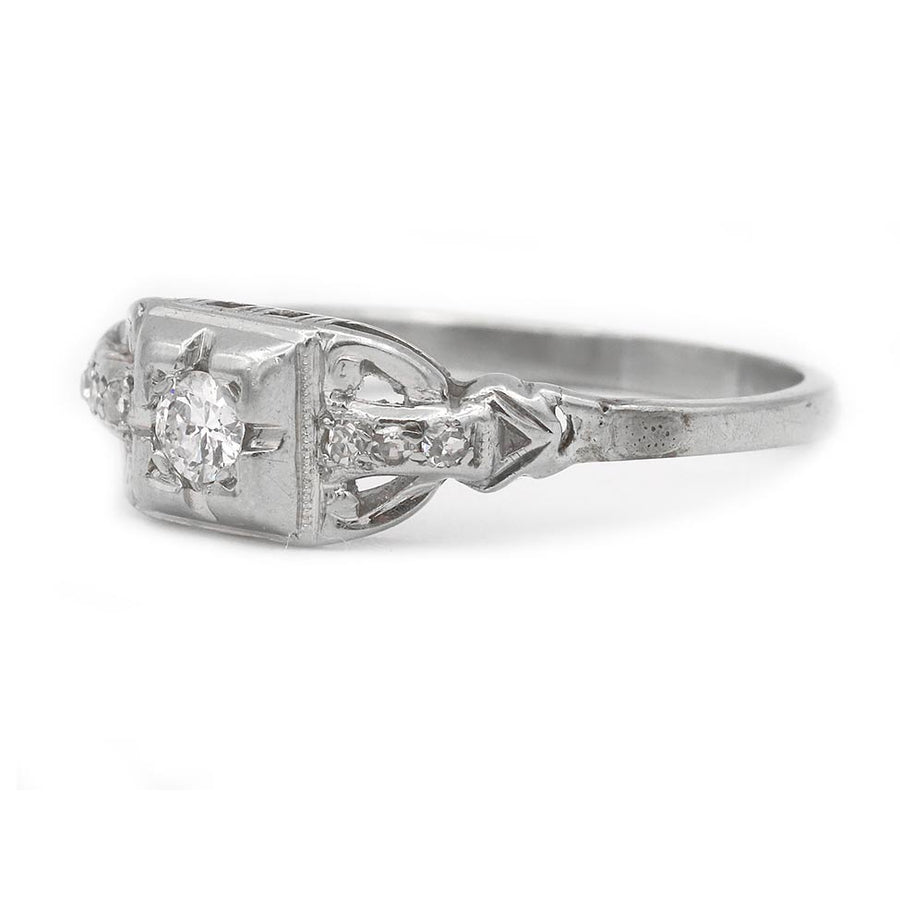 Art Deco .20 Ct Old European Cut Diamond Vintage Engagement Ring | 14K White Gold
