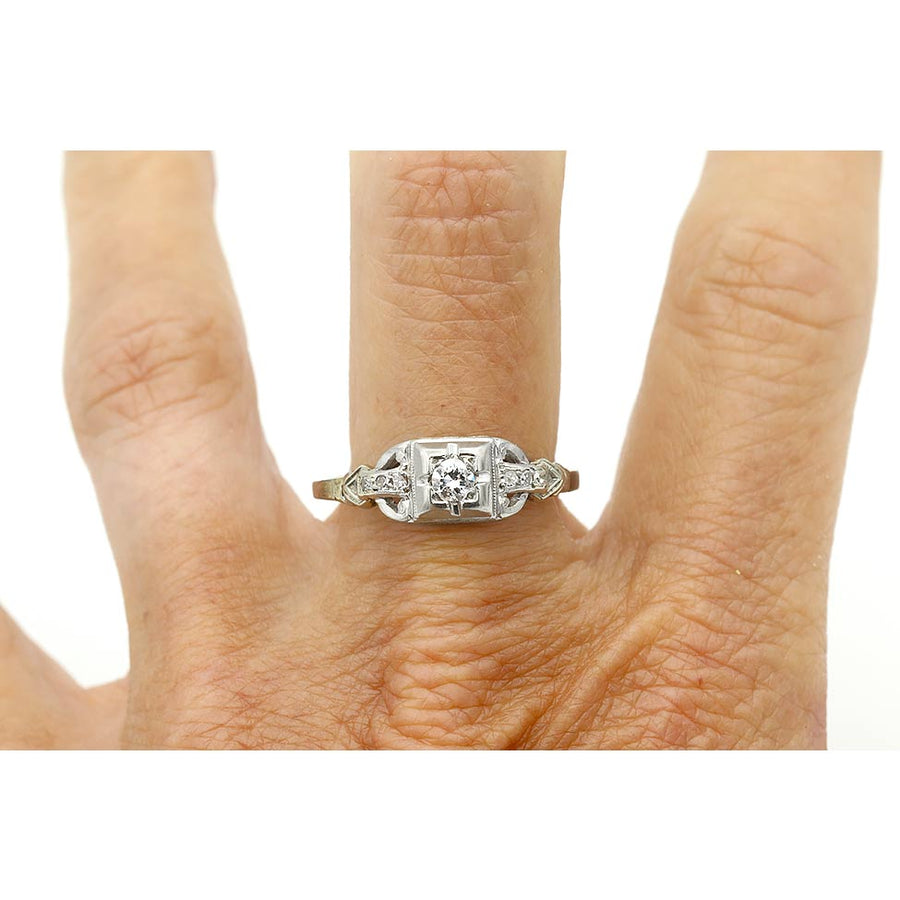 Art Deco .20 Ct Old European Cut Diamond Vintage Engagement Ring | 14K White Gold