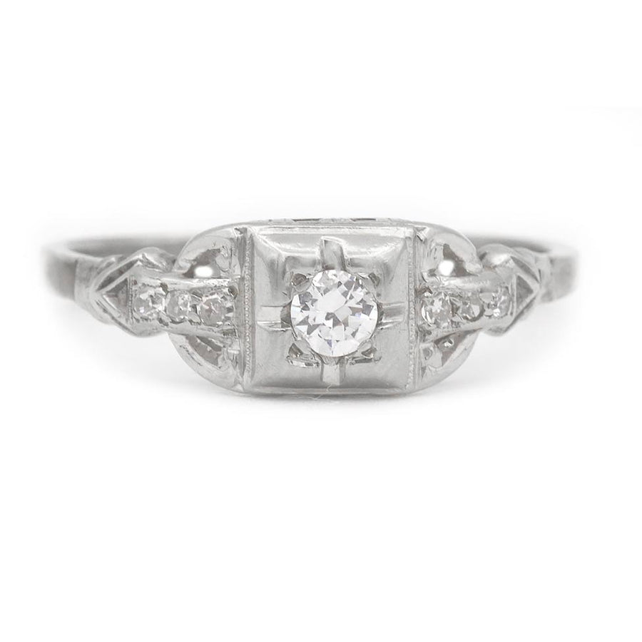 Art Deco .20 Ct Old European Cut Diamond Vintage Engagement Ring | 14K White Gold