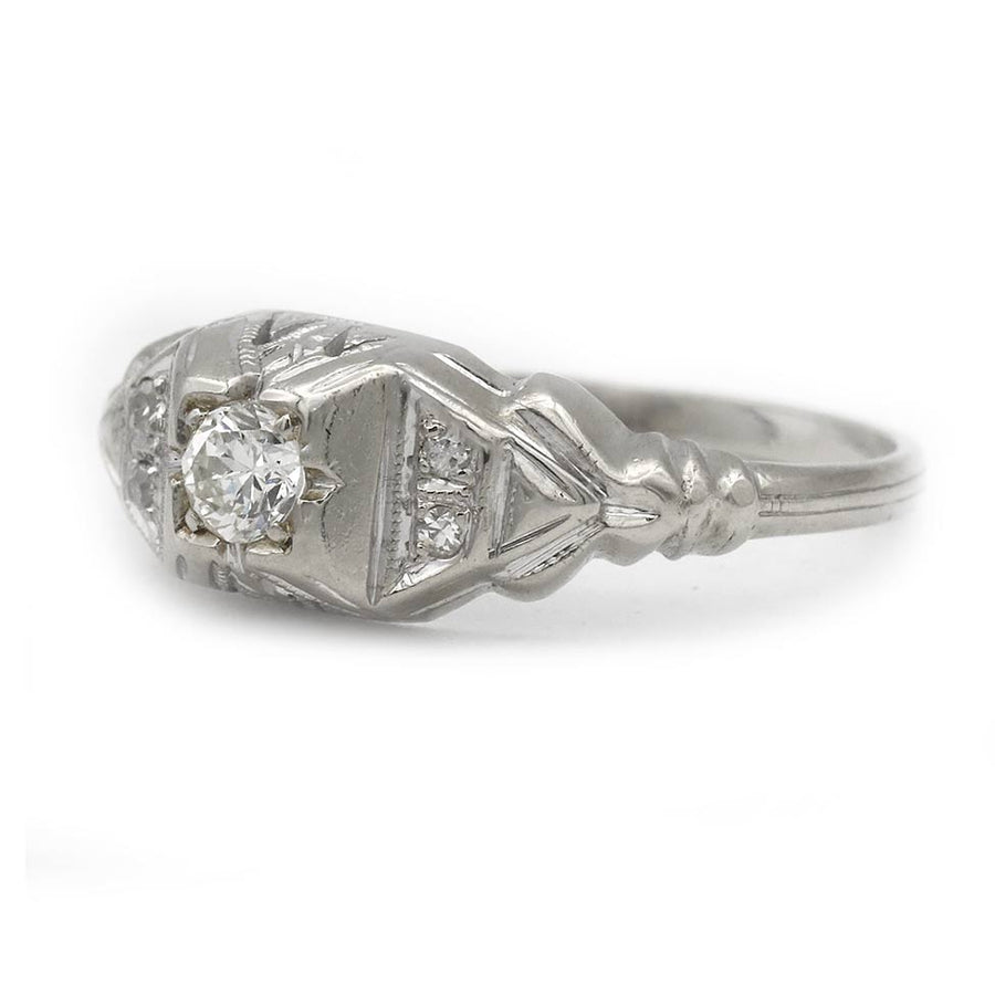 Art Deco .25 CTW Transitional Cut Diamond Engagement Ring in 14K White Gold