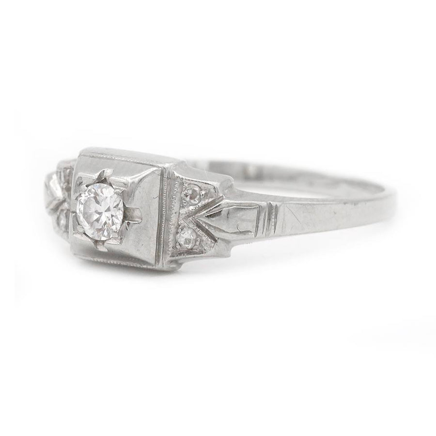 Vintage .15 Ct Old European Cut Diamond Geometric Engagement Ring in 18K White Gold
