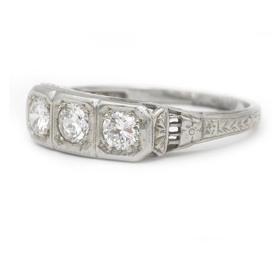 Art Deco .75 CTW Three-Stone Old European Cut Diamond Engagement Ring in 18K White Gold
