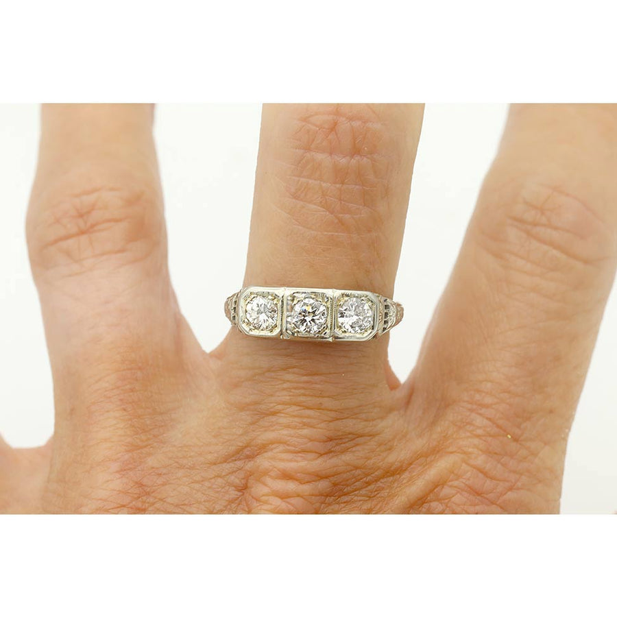 Art Deco .75 CTW Three-Stone Old European Cut Diamond Engagement Ring in 18K White Gold