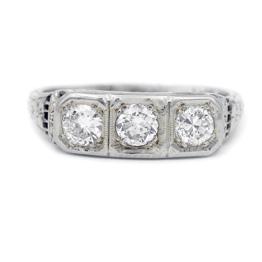 Art Deco .75 CTW Three-Stone Old European Cut Diamond Engagement Ring in 18K White Gold