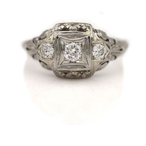 Intricate Art Deco .20 CTW European Cut Diamond Antique Three Stone Engagement Ring