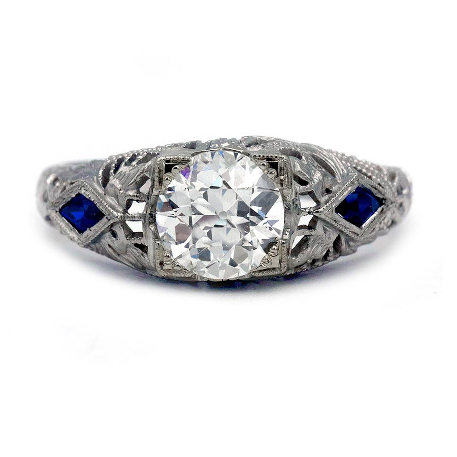Art Deco 1.26 CTW Old European Cut Diamond Sapphire Engagement Ring GIA J SI1