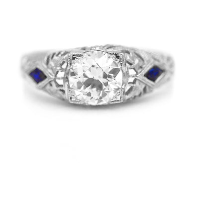 Art Deco 1.26 CTW Old European Cut Diamond Sapphire Vintage Engagement Ring GIA J/SI1