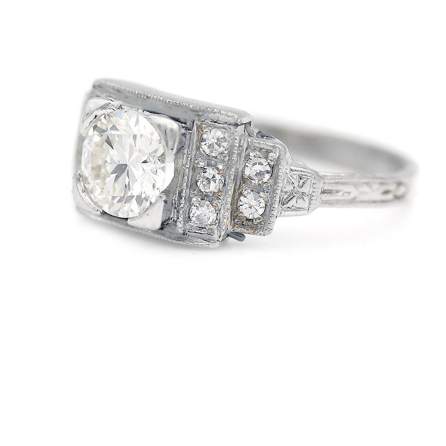Art Deco .77 Ct Old European Cut Diamond Engagement Ring with Tiered Side Stones | GIA