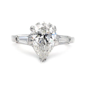 Vintage pear shape three stone engagement ring 2.51 carat IGI certified lab grown diamond E VS1 in platinum circa 1970s
