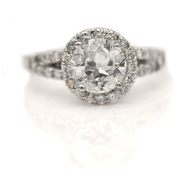 Mid-Century 2.53 CTW Halo Split Shank Old European Cut Diamond Vintage Engagement Ring