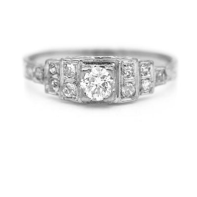 Art Deco .45 CTW Old European Cut Diamond Vintage Engagement Ring with Tiered Side Stones