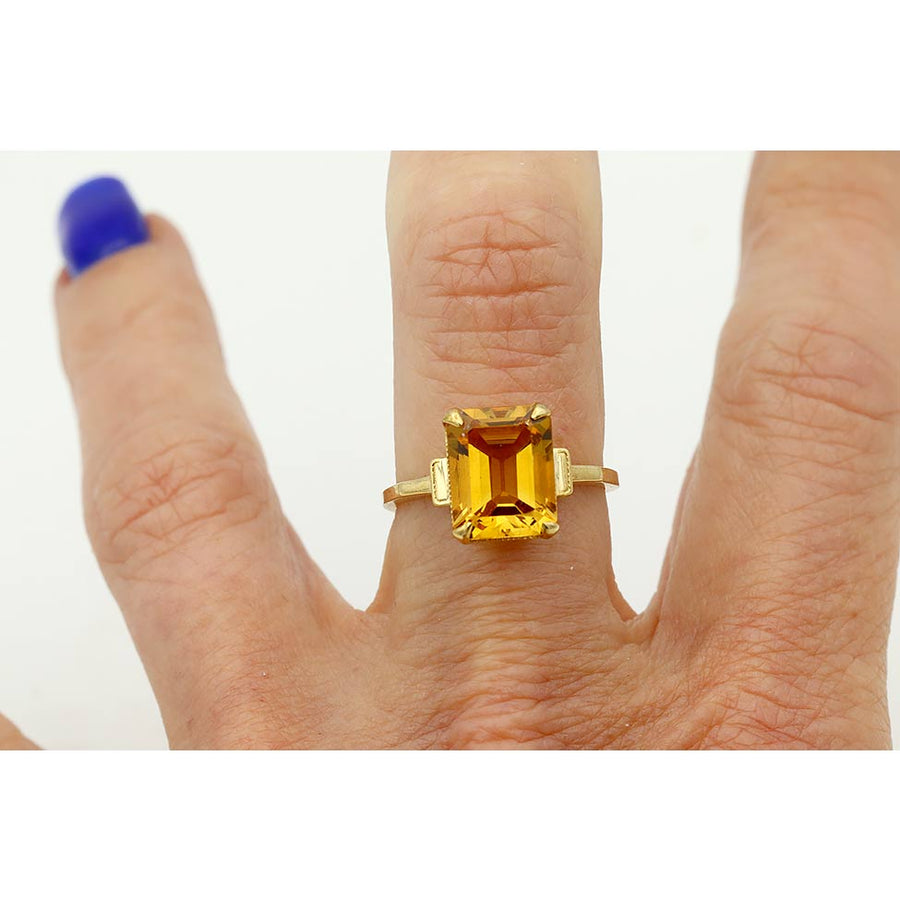 Art Deco–Inspired 3.07 Ct Emerald Cut Citrine Engagement Ring in 14 Karat Yellow Gold
