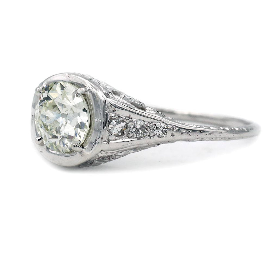 Art Deco 1.02 Ct Old European Cut Diamond Engagement Ring in 18K White Gold | GIA K/VS1