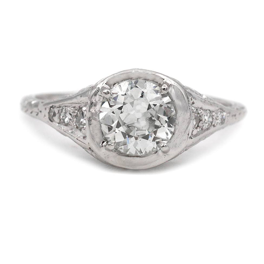 Art Deco 1.02 Ct Old European Cut Diamond Engagement Ring in 18K White Gold | GIA K/VS1