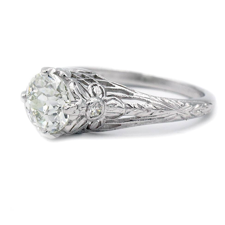 Art Deco Old European Cut Diamond Engagement Ring 1.12 CTW GIA J SI1 Platinum (1930s)