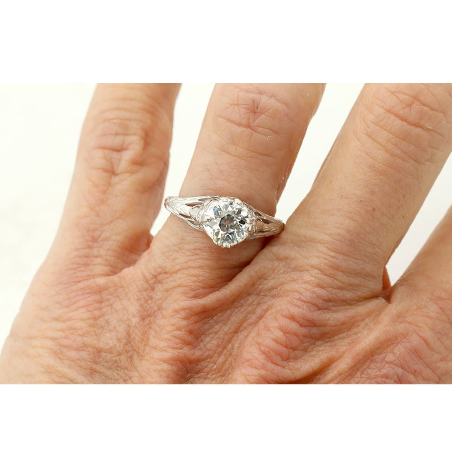 Art Deco Old European Cut Diamond Engagement Ring 1.12 CTW GIA J SI1 Platinum (1930s)
