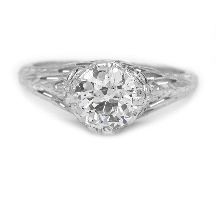 Art Deco Old European Cut Diamond Engagement Ring 1.12 CTW GIA J SI1 Platinum (1930s)