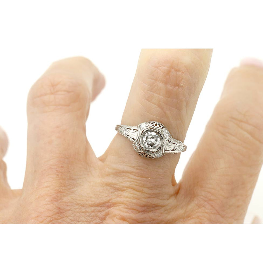 Vintage .35 Ct Bezel Set Old European Cut Diamond Art Deco Engagement Ring