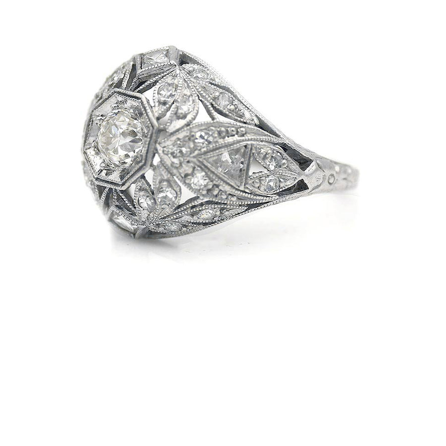 Edwardian Bud and Blossom Old Mine Cut Diamond Bombe Ring 1.00 CTW Platinum Antique Ring Circa 1920s