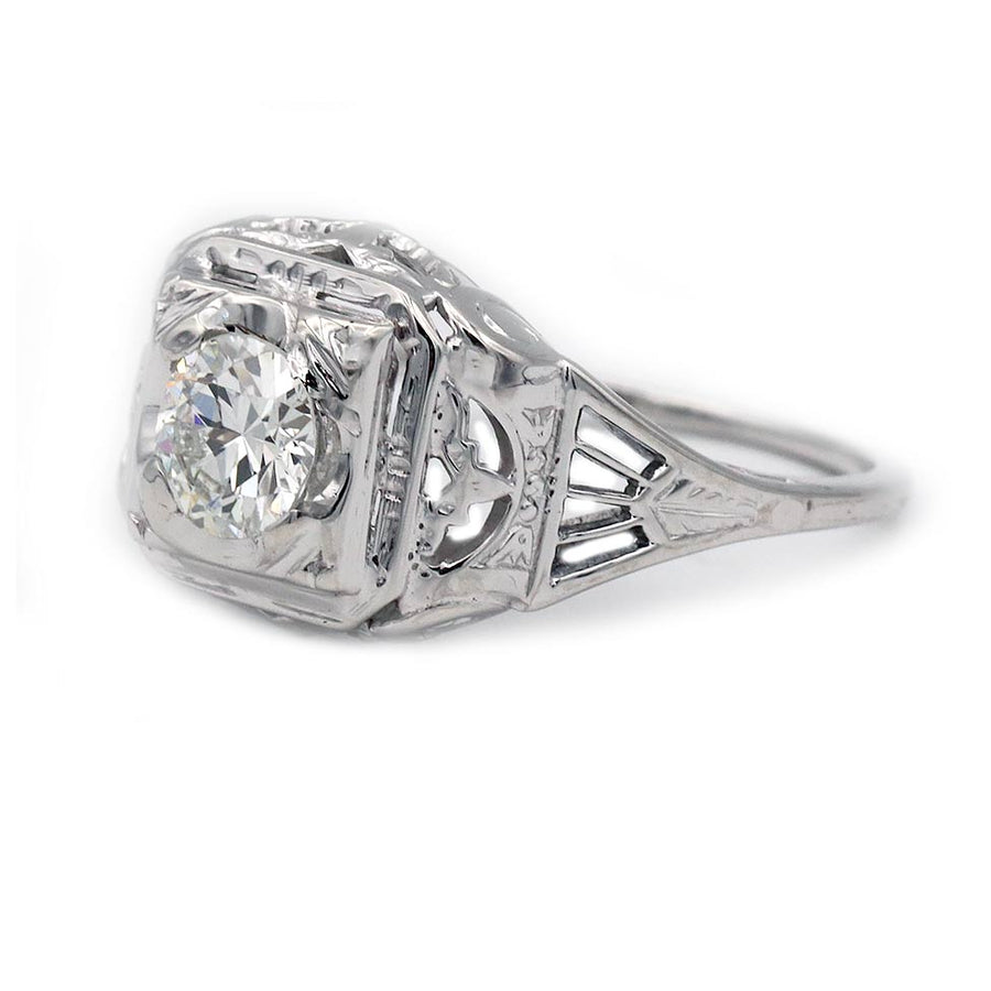 rt Deco Old European Cut Diamond Engagement Ring .40 CT 18K White Gold Side View