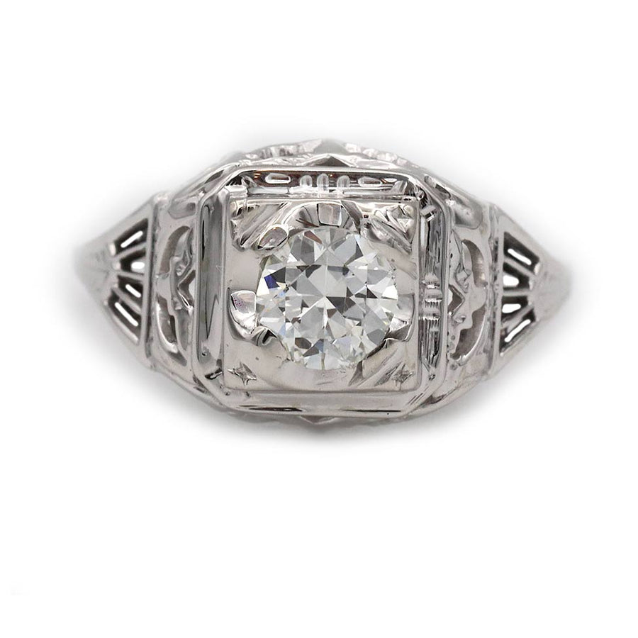 Antique Art Deco Old European Cut Diamond Engagement Ring .40 CTW 18K White Gold
