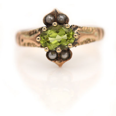 Victorian East-West Oval Peridot and Seed Pearl Engagement Ring Circa 1900's