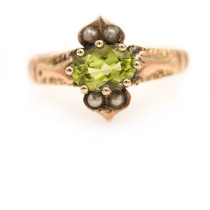 Victorian East-West Oval Peridot and Seed Pearl Engagement Ring Circa 1900's
