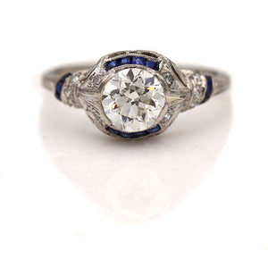 Art Deco 1.45 CTW Old European Cut Diamond Sapphire Vintage Engagement Ring .97 GIA J/VS1